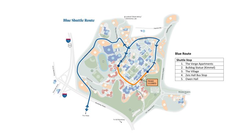 Blue Shuttle Route Stops: 1.) The Verge Apartments, 2.) Kimmel Arena, Bulldog Statue, 3.) The Village, 4.) Zeis Hall Bus Stop, 5.) Owen Hall