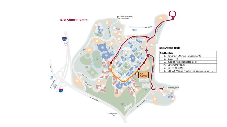 Red Shuttle Route Stops: 1.) Hawthorne Northside Apartments, 2.) Owen Hall, 3.) Bulldog Statue, 4.) Governors Village, 5.) Zeis Hall Bus Stop, 6.) Health and Counseling Center