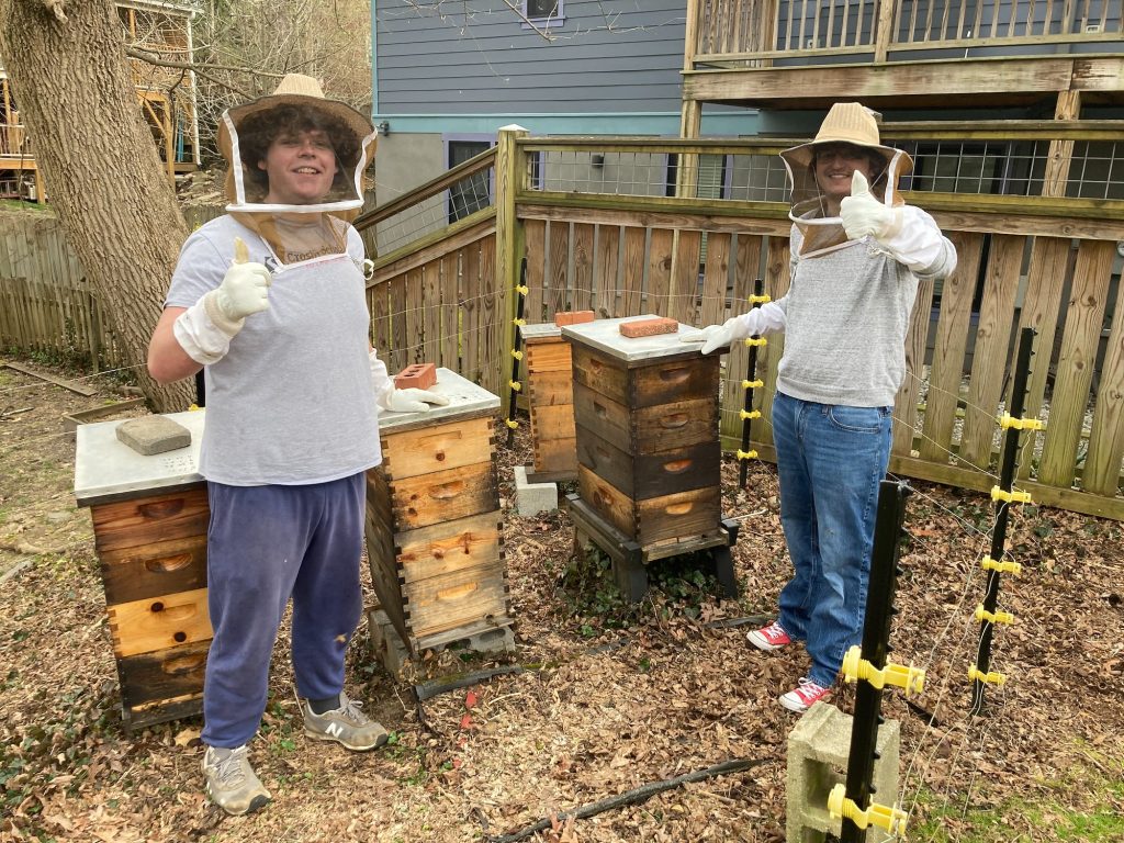 Anthropology students Caleb Lumpkin and Alex Severa at John Wood's apiary