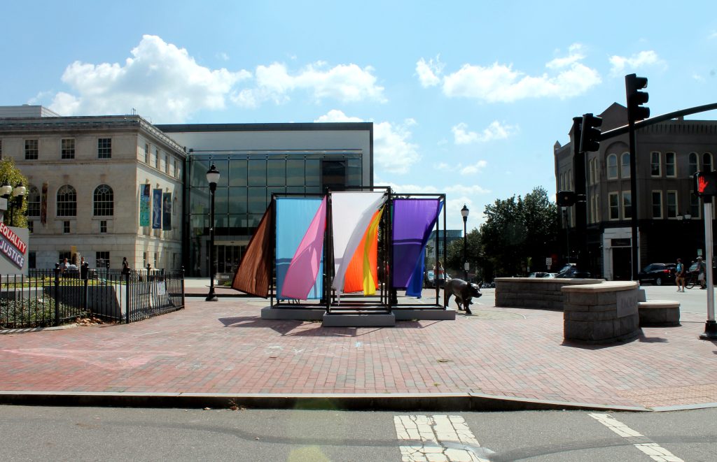 A student-made art installation in pack square in downtown asheville