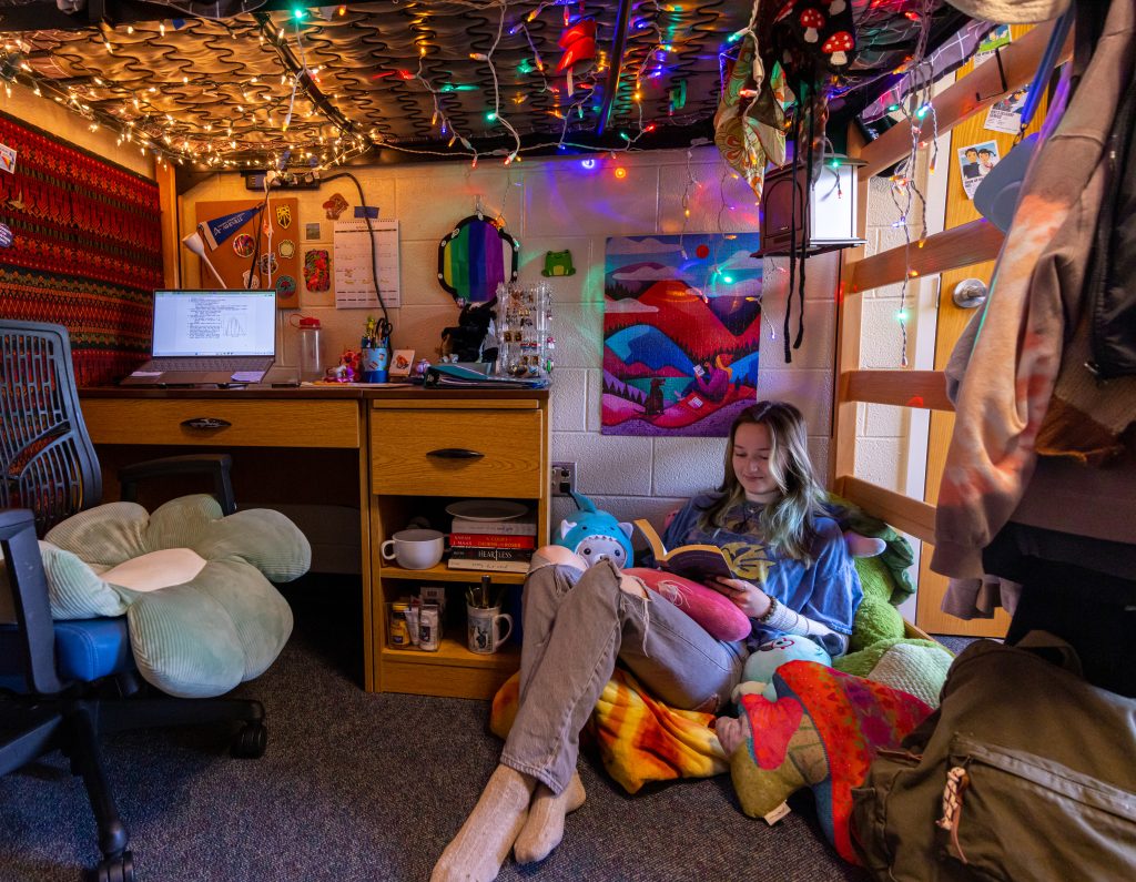 A student studying in a fully furnished and decorated dorm room